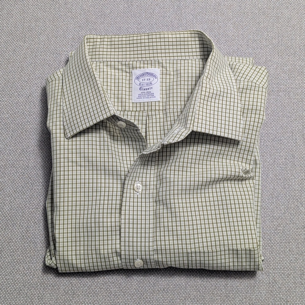 Brooks Brothers Dress Shirt Men's Green Gingham 17-33 Supima Cotton Classic